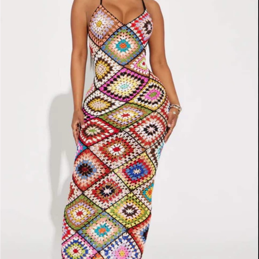Multicolor Crochet Maxi Dress with Spaghetti Straps